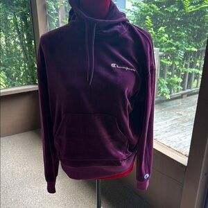 Champion 
Velour Hoodie, Embroidered Champion Script Logo Dark Berry Purple
